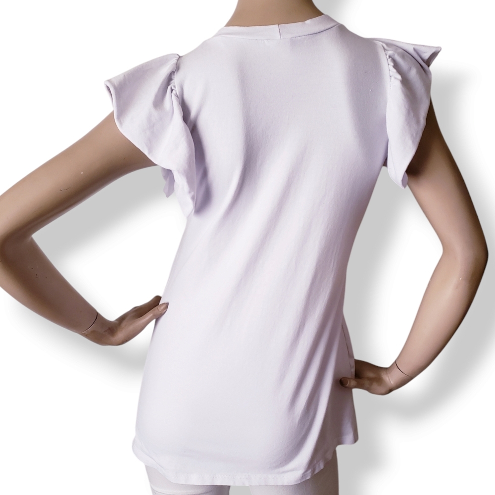 White Graphic Print Ribbon Tee with Ruffle Flutter Sleeves - Picture 6 of 8